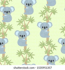 Panda holding on to the trunk of a eucalyptus. Children's seamless pattern. Vector