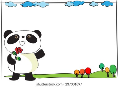 panda holding a rose with blank board