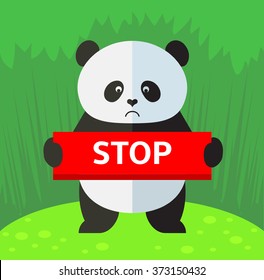 Panda  holding a stop sign. Flat style vector illustration on Green background. National emblem of China