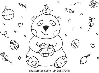 Un panda sostiene una canasta de huevos de Pascua, un pequeño pollo amarillo se sienta en su cabeza. Juego de vector divertido con zanahoria, cáscara de huevo, caramelo, huevos de colores. Ilustración para colorear