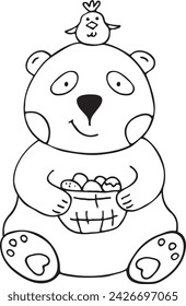 A panda holds a basket of Easter eggs, a small yellow chicken sits on his head. Funny Illustration for coloring