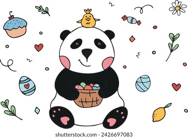 A panda holds a basket of Easter eggs, a small yellow chicken sits on his head. Funny vector set with carrot, eggshell, candy, colored eggs