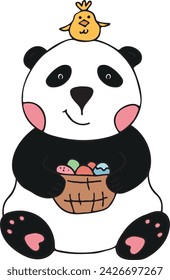 A panda holds a basket of Easter eggs, a small yellow chicken sits on his head. Funny illustration