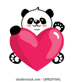 A panda holds a big heart. Vector, white background, isolated.

