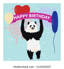 Panda holds a congratulatory ribbon with balloons against the background of fireworks. Flat design, vector illustration, vector.