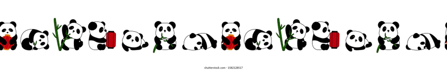 Panda Horizontal Seamless Repeat Border Pattern. Great for nursery room, handmade cards, invitations, wallpaper, packaging,