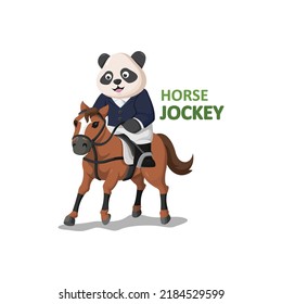 Panda As A Horse Jockey. Riding A Horse Wearing A Complete Jockey Outfit