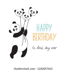 Panda hot air balloon. Typographic slogan happy birthday. Vector illustration congratulations