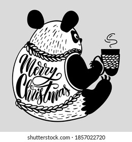 Panda with hot tea and hand lettering Merry Christmas on light grey background. Vector illustration in hand drawn and minimalistic flat styles with graphic elements and black and white colours 