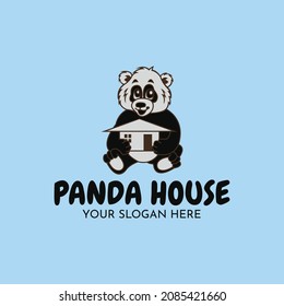 Panda house logo vector in cartoon style, Perfect to use for pets, construction, real estate, or anything related to animal character panda and house