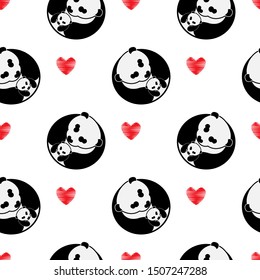 panda hug baby seamless pattern repeat. illustration cute bear parent takes care baby . with love red heart and white background 