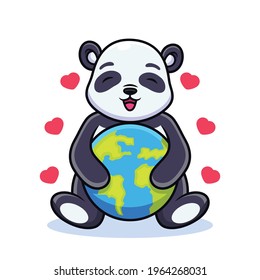Caricatura de Panda Hug Earth. Ilustración de iconos vectores, vector premium aislado