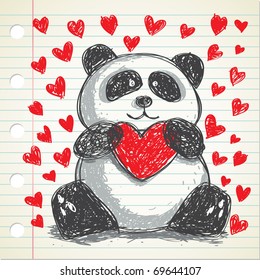 panda hugging heart doodle, fully editable