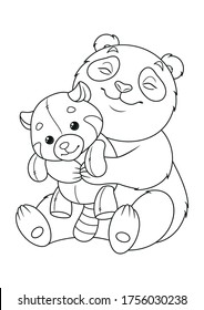 Panda hugs toy red panda Coloring Page