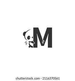 Panda icon behind letter M logo illustration template