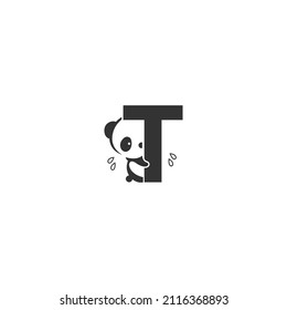 Panda icon behind letter T logo illustration template