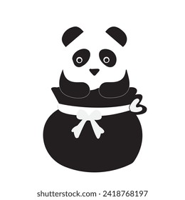 panda icon with cute basket, black sticker, animal character. vector illustration