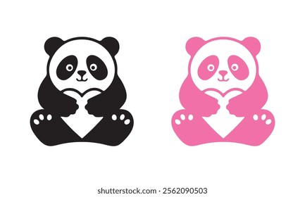 Panda icon holding heart. Black and pink vector art illustration.