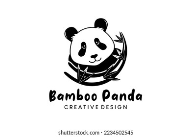 Panda icon logo design with cute bamboo tree