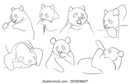 Panda Icon Set Collection. Vector Hand Drawn Black Line Doodle Illustration