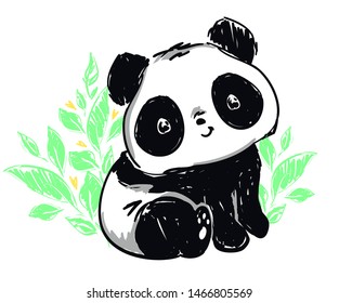 Panda illustration, cute bear and leaves vector