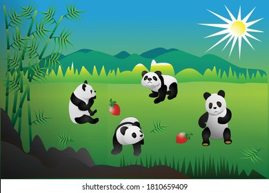 Panda illustration at pastures land with bamboo