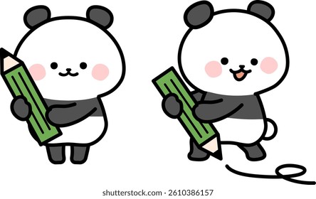 Panda Illustration Set Holding a Pencil