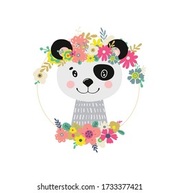Panda Illustrations with flowers. Vector child decoration. Background illustration for kids.