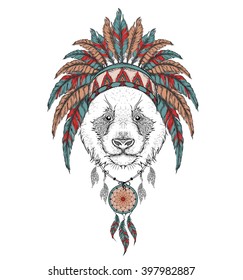 Panda in the Indian roach. Indian feather headdress of eagle. Hand draw vector  illustration