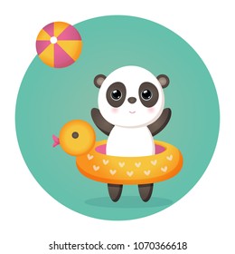 Panda in the inflatable ball plays ball. Vector stock illustration. Children's drawing in cartoon style. Lovely funny image. It can be used for design of a notebook, cover, developing class, journal