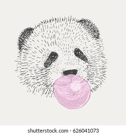 Panda inflates the bubble. freehand drawing. vector