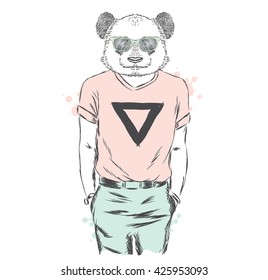 Panda in a jacket and sunglasses. Vector illustration. Animal in fashionable clothes. Print for postcards, posters, clothing or accessories