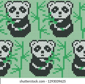 Panda jacquard knitted seamless pattern. Cute animals on bamboo plants green background. Vector illustration.