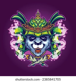 Panda japanese samurai warriors enjoying weed vector illustrations for your work logo, merchandise t-shirt, stickers and label designs, poster, greeting cards advertising business company or brands