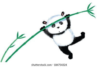 Panda jumping on bamboo, blown away by the wind