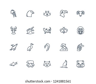 panda, Kangaroo, Cat, Polar bear, Shark, Goat, Bee, Flamingo, Bird, Crocodile, Hamster outline vector icons from 20 set