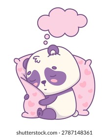 Panda Kawaii Bear Sitting Asleep And Hugging Big Pink Pillow With Empty Speech Bubble. Vector Illustration. Cute Lazy Character Dreaming Copy Space Template.