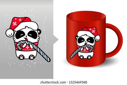 Panda kawaii santa mockup cup. Cute vector happy bear in christmas hat eats candy. Linear style illustration
