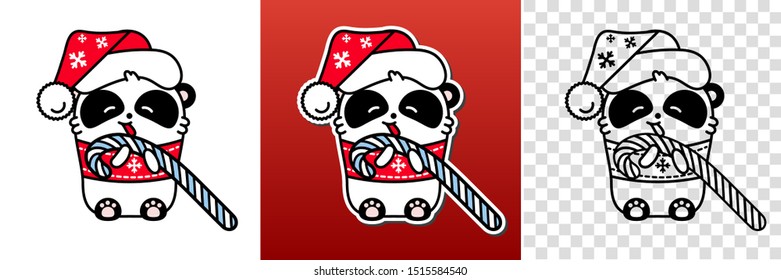 Panda kawaii santa set. Cute vector happy bear in a Christmas hat eats a lollipop. Linear style illustration on a white background. Sticker, print for coloring.
