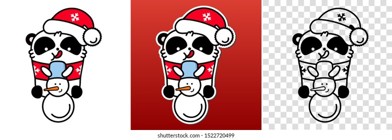 Panda kawaii santa set. Cute vector happy bear in christmas snowman hat. Linear style illustration on a white background. Sticker, print for coloring.