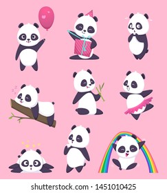 Panda kids. Little funny bear sweet animals in action poses vector cartoon characters. Animal panda happy, emotion and pose, eat and act illustration