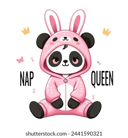 Сute panda in kigurumi pajamas. Pink hare costume with long ears, hood. Funny cartoon card with lettering nap queen, hand drawn vector illustration.