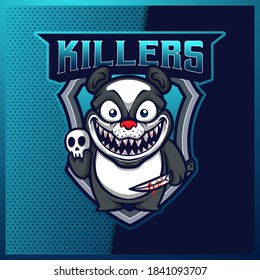 Panda Killers Creepy esport and sport mascot logo design in modern illustration concept for team badge, emblem and thirst printing. Panda illustration on Light Blue Background. Vector illustration