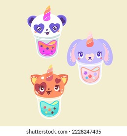 Panda, kitty, bunny boba teas, vector hand drawn illustrations