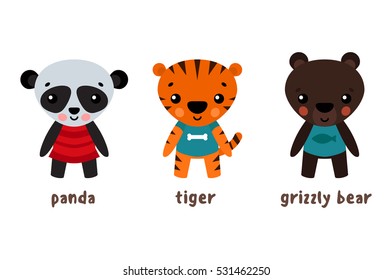 Panda or koala, grizzly bear and tiger cartoon animals. Wildlife set of smiling characters, pets in skirt and children in clothes, Biology and zoology, zoo banner and fauna theme