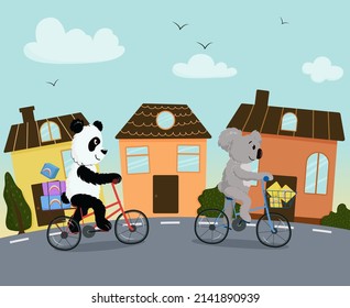 Panda and koala ride bikes on the road 