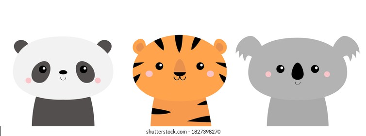Panda, koala, tiger. Cute animal icon set. Kawaii cartoon character. Funny head face. Happy Valentines Day. Baby greeting card template. Notebook cover, tshirt. White background. Flat design. Vector