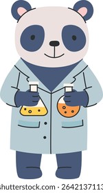 A panda in a lab coat holding two beakers in a cartoon style. The bear is depicted as a scientist with a friendly expression. Cartoon vector illustration.