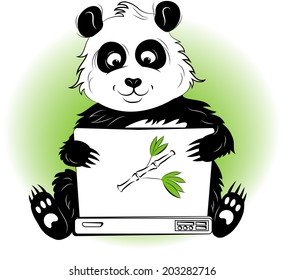Panda With Laptop. EPS 8. Black and white  (colorful background on separated layer is only to show where is white color, and where is no colors). Looks best on bright T-shirt etc.