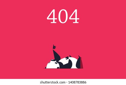 Panda laying down on the floor and pointing on 404. Error page design template.